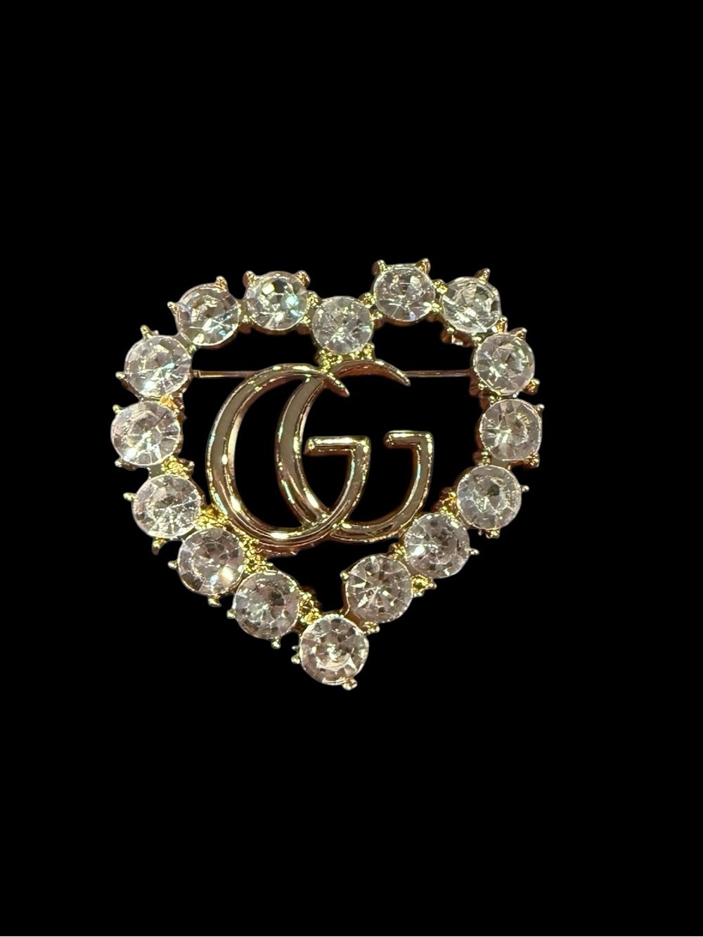 Gucci Gold Double G Heart Brooch with Clear Crystals
